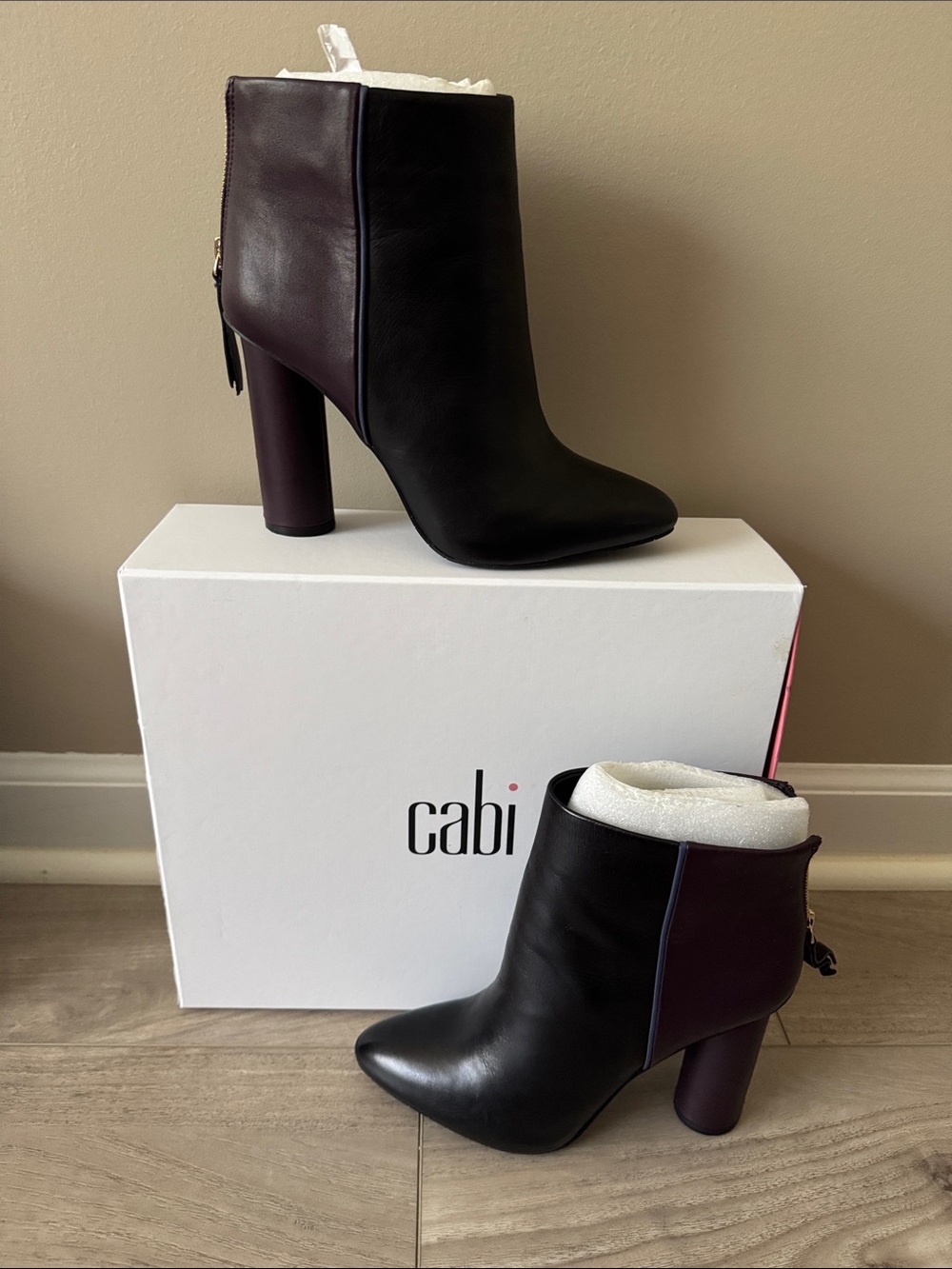 CAbi Black and Dark Plum Leather Ankle Boots